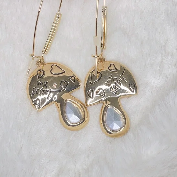 NEW Betsey Johnson Mushroom Earrings Pink Enamel Blue Crystal Dangle Gold Tone‎ - Picture 3 of 3